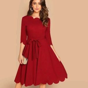 Scallop Trim Tie Waist Skater Dress